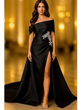 cheap A-Line Evening Dresses-Purple Black A-Line Evening Gown Elegant Formal Dress Formal Wedding Floor Length Short Sleeve Off Shoulder Capes Satin with Pocket 2025