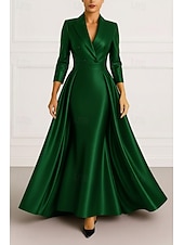 Szmoking ruha A-vonalú Magas-alacsony szárú ruha Előírásos Esküvő Esküvői vendég Sztreccs szatén Elegáns 3/4 ujjú rakott Földig érő Spicc gallér Dupla soros olcso Szmokingruhákkal-Szmoking ruha A-vonalú Magas-alacsony szárú ruha Előírásos Esküvő Esküvői vendég Sztreccs szatén Elegáns 3/4 ujjú rakott Földig érő Spicc gallér Dupla soros