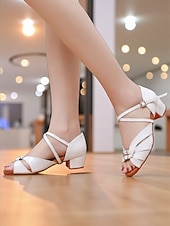economico Scarpe da ballo per bambini-Scarpe da ballo latino in raso marrone da donna per bambini, comode scarpe da ballo da sala con tacco basso e cinturini incrociati &amp;fibbia, ideale per l'allenamento di danza dei bambini &amp;concorsi