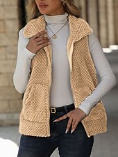 cheap Vest-Women's Winter Coat Fleece Vest Vest Warm Comfortable Patchwork Zipper Pocket Fashion Casual Solid Color Vacation Street Casual Daily Wear Regular Turndown Regular Fit Sleeveless Outerwear Khaki Dark