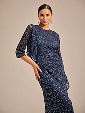 billige Blonder topper-Dame Blondeskjorte Paljetter Blonde Elegant 3/4 ermer V-hals Aftenselskap Bryllupsgjest Navyblå Sommer Vår Høst Vinter