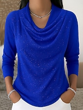 economico T-shirt semplice-Per donna Camicia Glitter Rete Elegante Essenziale Casual Manica Lunga Scollo a Cascata Top Regolari Blu Nero Giallo Rosso Viola Primavera, Autunno, Inverno, Estate
