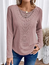 tanie Koronkowe topy-Damskie Koszula Jednokolorowe Elegancja Bohema Zabytkowe Długi rękaw Półgolf Zwykłe topy Praca Codzienny Koronka Haft Koronka iluzjonistyczna Brudny róż Niebieski Pomarańczowy Beżowy Wiosna Jesie