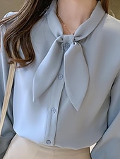preiswerte Schicke Blusen-Damen Hemd Elegant Satin-Top Bluse Schleife Einfach Stilvoll Langarm Rundhalsausschnitt Normale Oberteile Ferien Ausgehen Blau Weiß Frühling Herbst