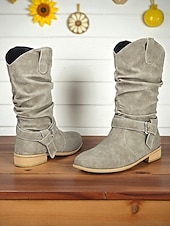 abordables Botas holgadas-Botas holgadas de mujer en marrón oscuro con hebilla: botines informales de tacón bajo para uso diario.