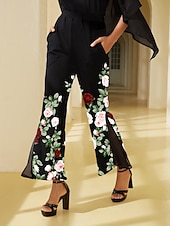  Damenhose Stretchstoff Blumendruck Chiffon transparente Einsätze ausgestelltes Bein elastische Taille elegant bequem Alltag Arbeit Herbst