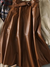voordelige Herfst- en Winterrokken-Dames Vintage Modieus Midi Medium Taille Rokken Effen Lapwerk Zak Inelastisch Vakantie Kantoor / Formeel Champagne Herfst