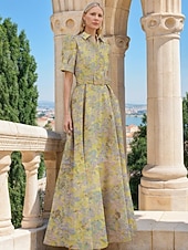 baratos Vestidos de Festa em A-Linha A Longo Vestidos de noite Vestido de Baile Vestido formal Elegante Vintage Manga Curta Colarinho de Camisa Casamento Formal Fibra Sintética com Estampa floral Fenda Bolsos