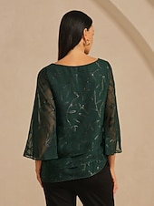 preiswerte Hemden, Tops und Blusen-Damenbluse Rundhals Strukturierter Chiffon Burnout Stoff Dreiviertelärmel Ausgestellter Saum Lagensaum Elegant Party Urlaub