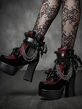levne Platformové boty-Dámské gotické kotníkové boty na platformě – sametové šněrovací podpatky s řetízky a přezkami na halloween, cosplay a punkové párty