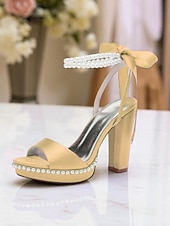 abordables Demoiselle d&amp;#39;honneur-Escarpins à plateforme en satin rose pour femme avec bride cheville en perles et nœud - sandales élégantes à talons hauts pour cocktails et événements formels
