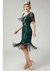 economico Abiti degli anni '20-Anni Ruggenti Anni 1920 Lunghezza al ginocchio Abito Flapper Maniche corte Il grande Gatsby Paillettes Frange Scollo a V Costume Per donna Natale Carnevale speakeasy Mascherata Festa a tema retrò