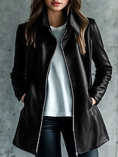 preiswerte Kunstlederjacken-Damen Kunstlederjacke Hemdjacke Jacke Winddicht Warm Reißverschluss Tasche Knöpfe Elegant Mode Klassisch Modern Einfarbig Urlaub Arbeit Straße Lässig Einreihig Lang Revers Lässiger Schnitt Langarm