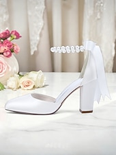 billige Pumps med blokkhæl-dame oransje sateng pumps med blokkhæl og perlemor &amp;bånd ankelstropp - elegante spisse høyhælte sko til bryllup, fester &amp;kveldsarrangementer