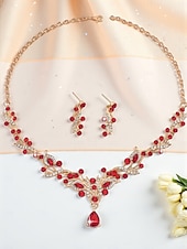 tanie Naszyjnik damski-damski komplet biżuterii z czerwonymi kryształkami, elegancki naszyjnik i kolczyki z kryształkami ze złotymi zdobieniami, idealny na imprezy i wesela &amp;wieczorne wydarzenia