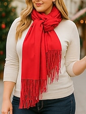 ieftine Accesorii de Crăciun-Eșarfă de Crăciun pentru femei, cu aspect de cașmir, șal de iarnă moale din imitație de cașmir cu ciucuri, eșarfă caldă de culoare uni pentru sărbători, exterior și purtare zilnică