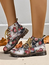 economico Stivali da combattimento-stivaletti da donna con lacci floreali e suola antiscivolo, scarpe casual in stile combattimento con stampa vintage per comode passeggiate all'aperto &amp;abbigliamento quotidiano