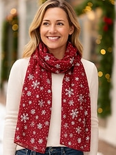 abordables Bufandas de mujer-Bufanda navideña de copo de nieve para mujer, diseño festivo en rojo y blanco con copos de nieve metálicos, material de poliéster suave, perfecta para fiestas navideñas y ropa de invierno.