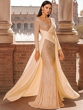 preiswerte Bodenlänge-A-Linie Schlauchkleid Bodenlang Abendkleid Überrockkleid Langarm V Ausschnitt Elegant Vintage luxuriös Formell Spandex Paillettenbesetzt Polyester Brautmutterkleid mit Paillette Farbblock