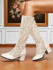  naisten siniset pitsisaappaat polven puolivälissä lohkokorolla - elegantit vintage-retroverkkosaappaat häihin, juhliin &cosplay-asut