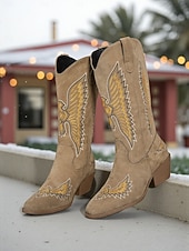 Недорогие Ковбой и западные ботинки-Женские ковбойские сапоги в стиле вестерн из зеленой замши с вышивкой и массивным каблуком — модные ковбойские сапоги в стиле бохо для рождественских фестивалей, уличной моды и повседневных мероприятий