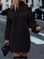 economico Abiti in maglia-Per donna Abito maglione Elegante Casual Morbido Colore Puro A Coste Dolcevita Lavorato a maglia Spalle scoperte Manica Lunga Top Regolari Maglia All'aperto Quotidiano Weekend Nero Verde Autunno