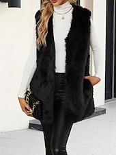 billige Vest-Dame سترة Fuskepels Hold Varm Bekvem Lomme Pels og lær Mote Fritid عادي Feriereise Gate Avslappet Dagligdagstøy Lang V-hals Normal Langermet Yttertøy Svart Vin Kongeblå Høst Vinter