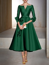 cheap Cocktail Dresses-A-Line Cocktail Dresses Elegant Dress Wedding Wedding Guest Tea Length 3/4 Length Sleeve V Neck Satin with Bow(s) Appliques Dresses