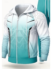 Недорогие спортивные костюмы-Муж. Толстовка Спортивный костюм Спортивный костюм из двух частей Кулиска Застегнуться Геометрический принт Наборы одежды Осень Зима Синий Назначение На открытом воздухе Путешествия Легкость Мода