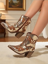 Недорогие Ковбой и западные ботинки-женские ботильоны в стиле вестерн с золотыми пайетками и цветочной вышивкой – удобный блочный каблук для вечеринок, фестивалей и повседневной носки