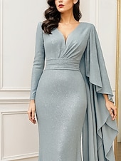 baratos Ball Gown Evening Dresses-Sheath Column Floor Length Evening Gown Ball Gown with Overskirt Formal Dress Elegant Glittering Sparkle Long Sleeve V Neck Wedding Formal Capes Lurex Fabric with Glitter Embroidery