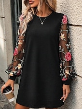 cheap Mini Black Dress-Women's Mini Dress Casual Dress T Shirt Dress Tee Dress Print Dress Modern Daily Outdoor Vacation Regular Fit Floral Long Sleeve Crew Neck Blue Black Apricot Summer Spring