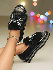 Χαμηλού Κόστους Γυναικεία Sneakers-Γυναικεία μαύρα μοκασίνια με τεχνητή γούνα και στρας - άνετα, λαμπερά, slip-on παπούτσια για πάρτι με φιόγκο για τη νυχτερινή ζωή