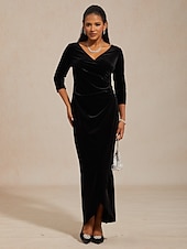 economico Abiti da festa-Per donna Abito Midi Abito a Portafoglio Elegante Festa serale Ospite di nozze Asimmetrico Taglia piccola Tinta unica Manica 3/4 Scollo a V Nero