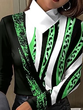 levne tričko umění a designu-Dámské Tričko Tisk Grafika Leopard Geometrický Elegantní Vinobraní stylové Dlouhý rukáv Stojáček Běžné topy Denní Vodní modrá Fialová Trávová zelená Khaki Jaro Podzim Zima