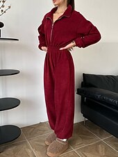 voordelige Romper-Dames Loungewear Rompertjes Modieus Sport Casual Heldere kleur Vetoketju Vakantie Huis Afspraakje Lange mouw Overhemdkraag Zwart Wit Wijn Bruin Donkergrijs Lente Herfst Winter Getailleerd