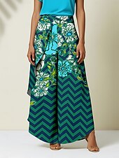 رخيصةأون السراويل النسائية-بنطلون واسع الساق من الساتان بطبعة زهور هندسية، مناسب للعطلات غير الرسمية