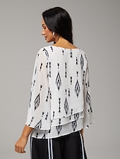 abordables camisas, tops y blusas-Blusa de mujer blanca floral, manga 3/4, suelta, cuello redondo, informal, elegante, para vacaciones, primavera, verano y otoño.