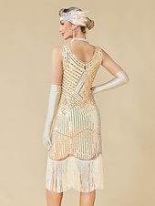 baratos Vestidos dos anos 1920-Conjunto Loucos anos 20 Anos 20 Até os Joelhos Vestidos Vestido melindroso Roupa com acessórios Sem Mangas O Grande Gatsby charleston Paetês Franjas Pena Decote V Fantasia Mulheres Carnaval Ano Novo
