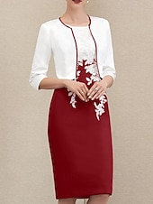 abordables Ensembles de robes pour maman-Deux Pièces Fourreau Colonne Ensembles de Robes Mi-long Robe d'invité de mariage Robe de Mère de Mariée  Manche 3/4 Bijoux Élégant robe demoiselle d honneur Église Chiffon Satin Dentelle Robes avec