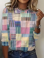 abordables Camiseta a rayas y geométrica-Mujer Camiseta Estampado Graphic Geométrico A Rayas Vintage Moda Elegante Manga Larga Cuello Barco Escote Redondo Tops regulares Diario Fin de semana Azul Piscina Negro Rosa Rojo Verano Primavera