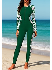 abordables Rash Guards Une Pièce-Femmes Moyen Maillot Anti UV Rashguard intégral Combinaison de surf une pièce Floral Tropical Zip Up avec soutien-gorge intégré ​fermeture éclair sur le devant Protection Solaire UV Couvrant UPF50+
