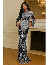 preiswerte Meerjungfrau Abendkleider-Schwarz Silber Meerjungfrau  Trompete Schicht  Säule Abendkleid Elegantes Formelles Kleid Formelle Hochzeit Bodenlang Langärmlig Boot-Ausschnitt Spitze mit Applikationen