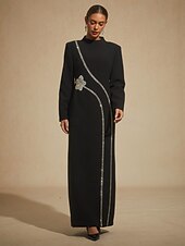 cheap Maxi Black Dress-Women's Maxi Dress Shift Dress Elegant Evening Party Party Beaded Geometric Long Sleeve Stand Collar Black