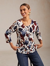 economico camicie, top e camicette-camicetta da vacanza con stampa a pennello e scollo tondo elasticizzato