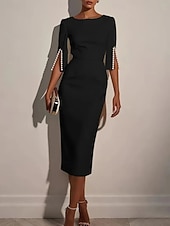 billiga Examensklänningar-Dam Midiklänning Bodycon Klänning Semiformella klänningar Kontor Normal Slät Halvlång ärm Rund hals Svart Vit Rodnande Rosa Sommar Vår Höst