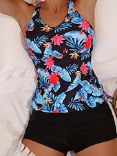 economico Tankini-Costume da bagno 2 pezzi tankini da donna con palme pantaloni corti controllo della pancia alta vita slim senza schienale per vacanze in spiaggia foglie floreali scollo a halter senza maniche