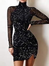 Χαμηλού Κόστους Απλό Φόρεμα-Γυναικεία Μίνι φόρεμα Φόρεμα σε ευθεία γραμμή Κομψό Πάρτι κοκτέιλ ΕΞΩΤΕΡΙΚΟΥ ΧΩΡΟΥ Πάρτι Επισκέπτης γάμου Κουρελού Sparkle Tulle Κανονικό Συμπαγές Χρώμα Μακρυμάνικο Ζιβάγκο Μαύρο