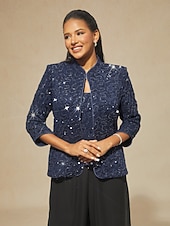 お買い得  レディースブラウススーツ-女性用 ブラウス ドレッシーなトップス ツインセット スパンコール レース ペーズリー エレガント パーティー 七分袖 スタンドカラー セミフォーマル フォーマルウェア カクテルの服装 ネイビーブルー 春 秋 冬