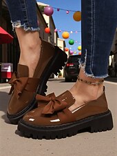 billige Slip-ons og loafers til kvinner-Kvinners burgunder patent lær slip-on loafere med bue – Chunky plattformsko uformelle utflukter daglig bruk og juletider